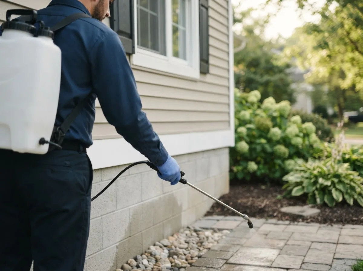 Pest control technician inspecting a home in Sublette, IL